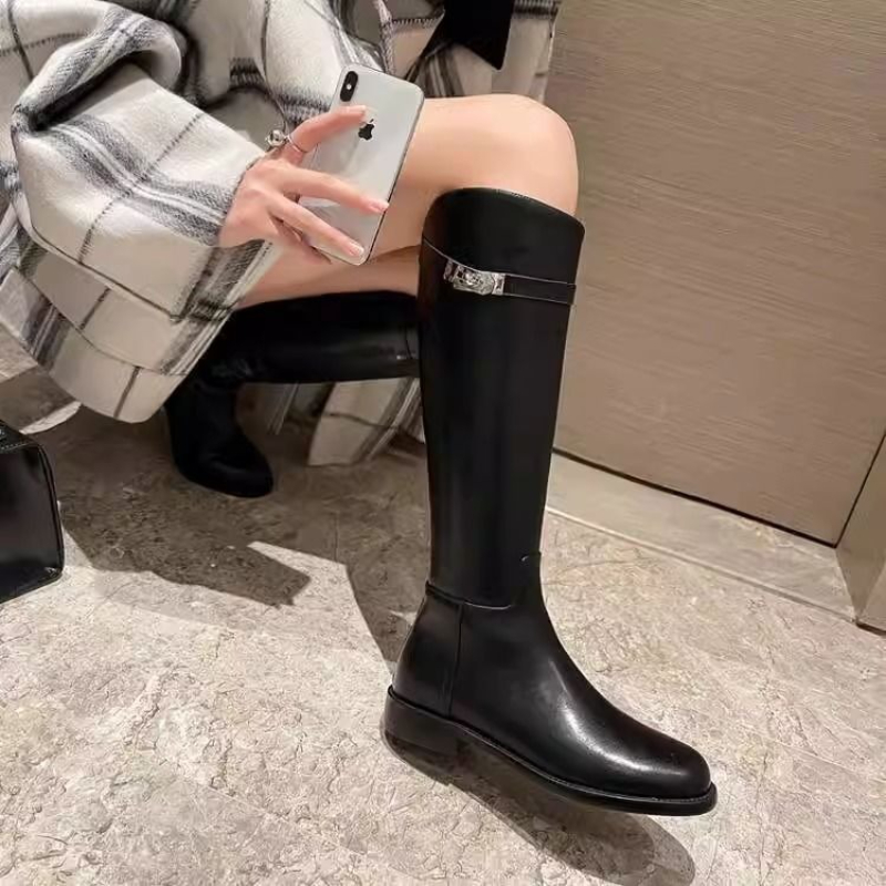 Black Leather Elegant with Low Heels Ladies Knee High Shaft Shoes Trend 2025 New in Comfortable Hot Rock Y2k Women's Long Boots