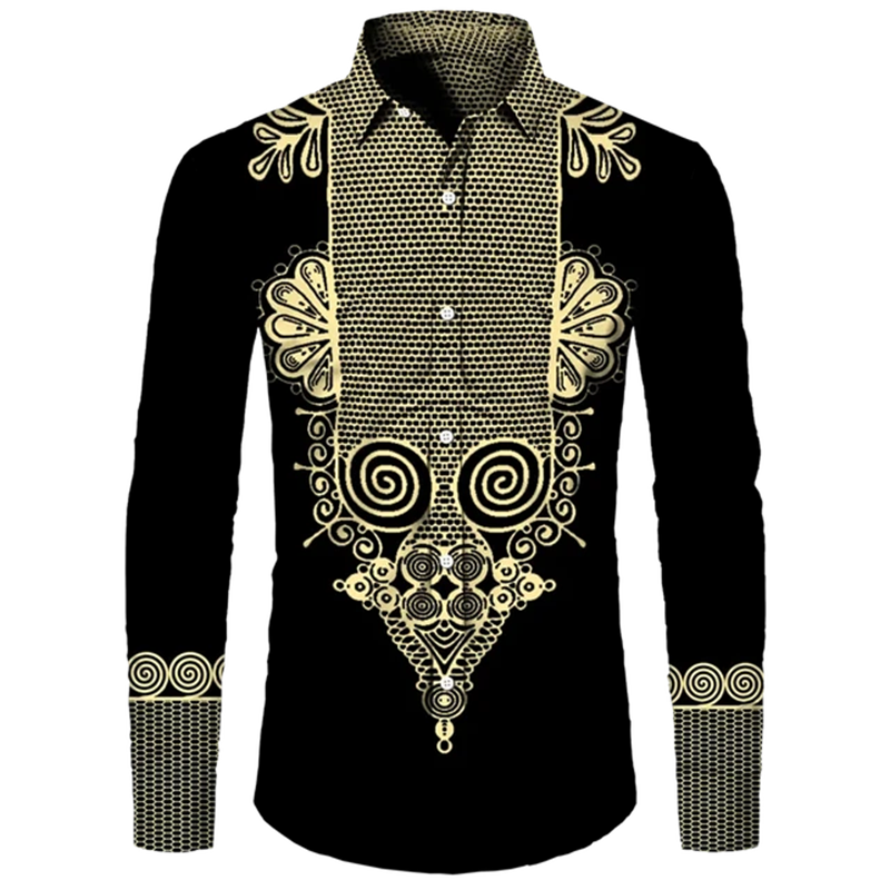 Colorful African Pattern Hawaiian Shirts For Men Retro Ethnic 3D Printed Blouse Casual Loose Aloha Shirts Long Sleeves Tops