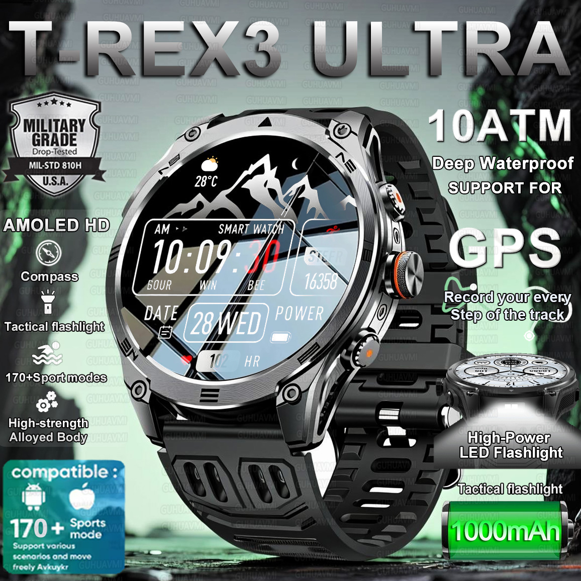 2025 New Military Smart Watch 1000Mah Battery GPS Compass 10ATM Waterproof Tactics Sport Flashlight BT call Smart Watch For Men