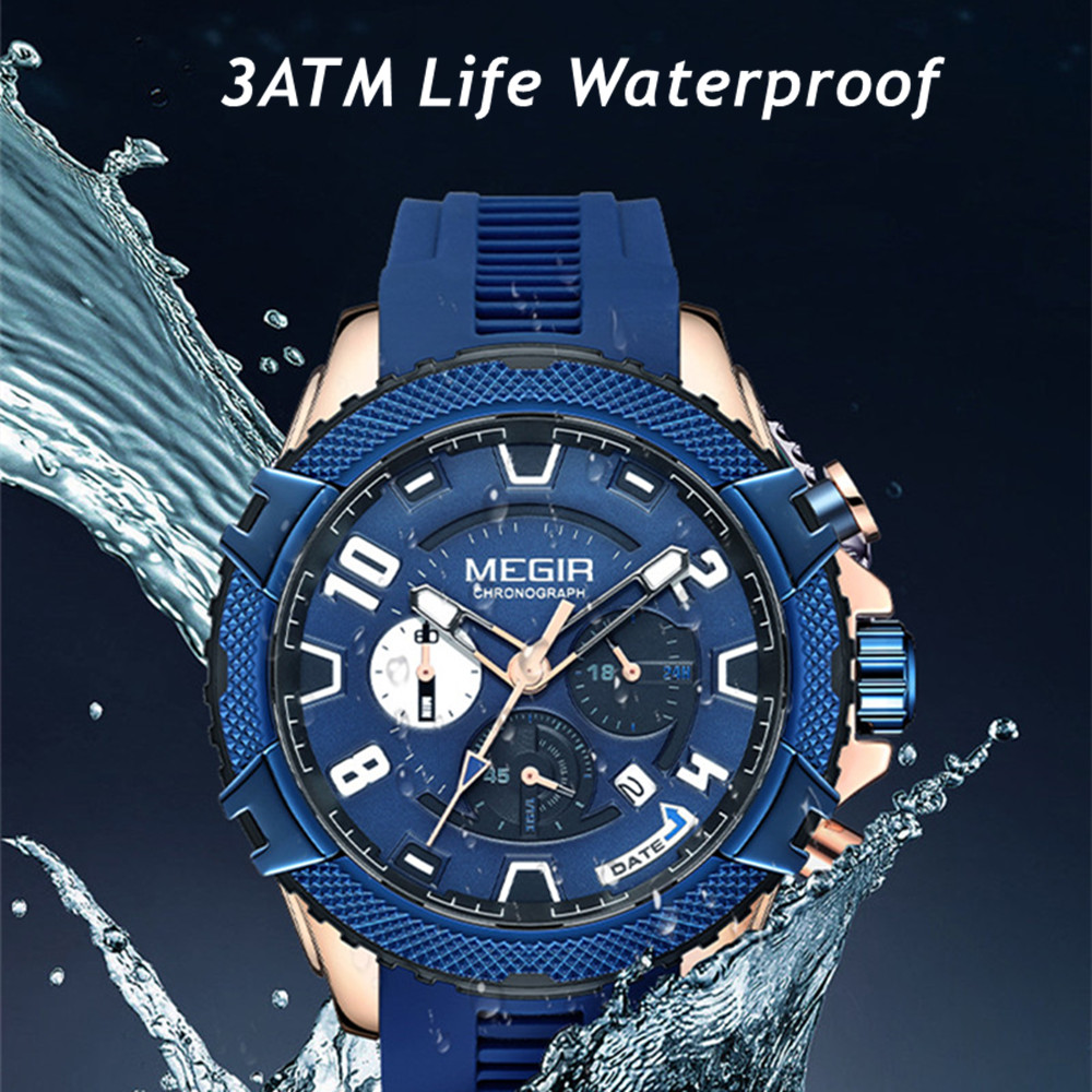 MEGIR Men's Watches Fashion Sport Chronograph Waterproof Calendar Military Quartz Wristwatch Clock 24-hour Reloj Hombre 2200