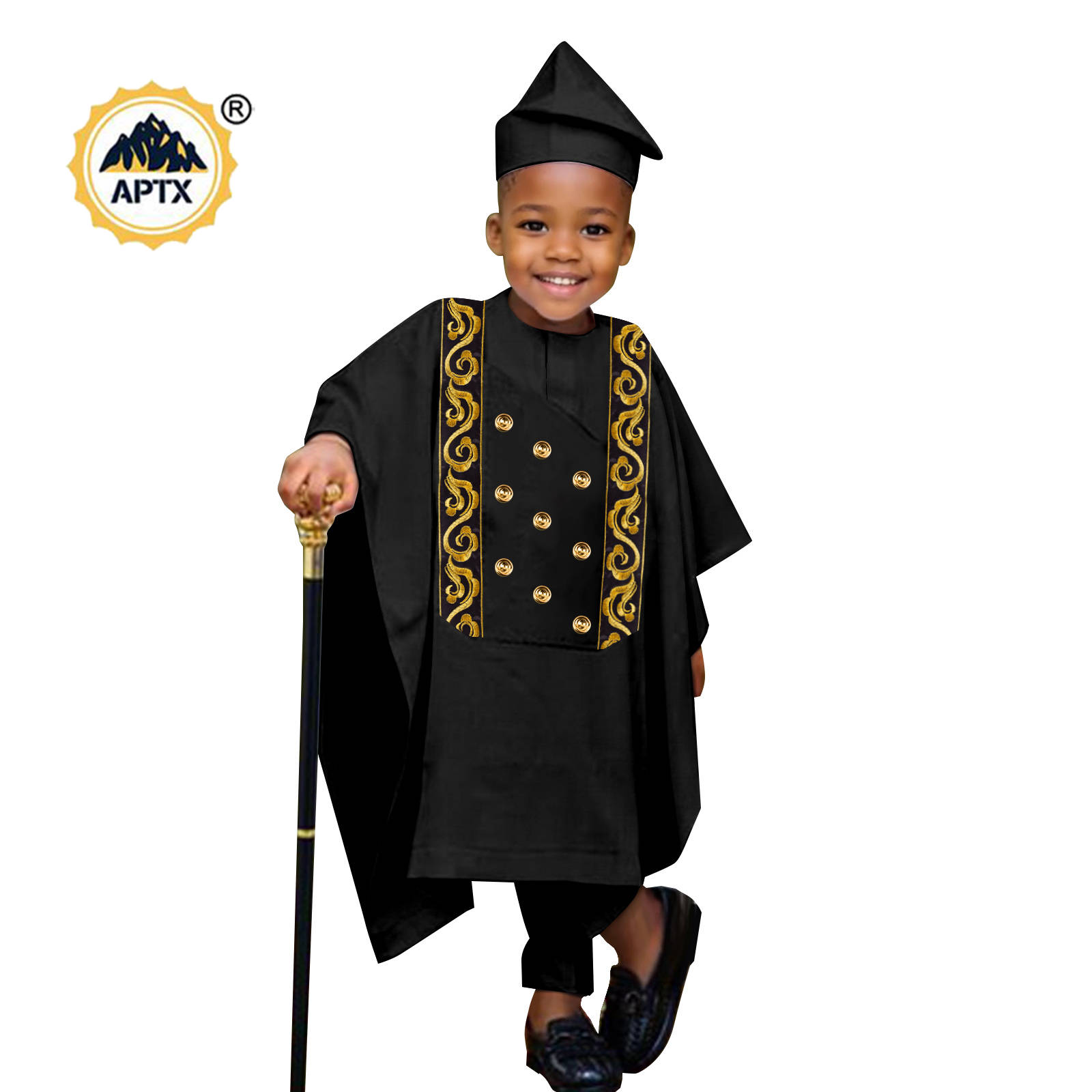 Africa Clothes for Boy Outfits Embroidery Button Robe Top and Pants Matching Hat Bazin Riche Children Kid Muslim Sets 2446044