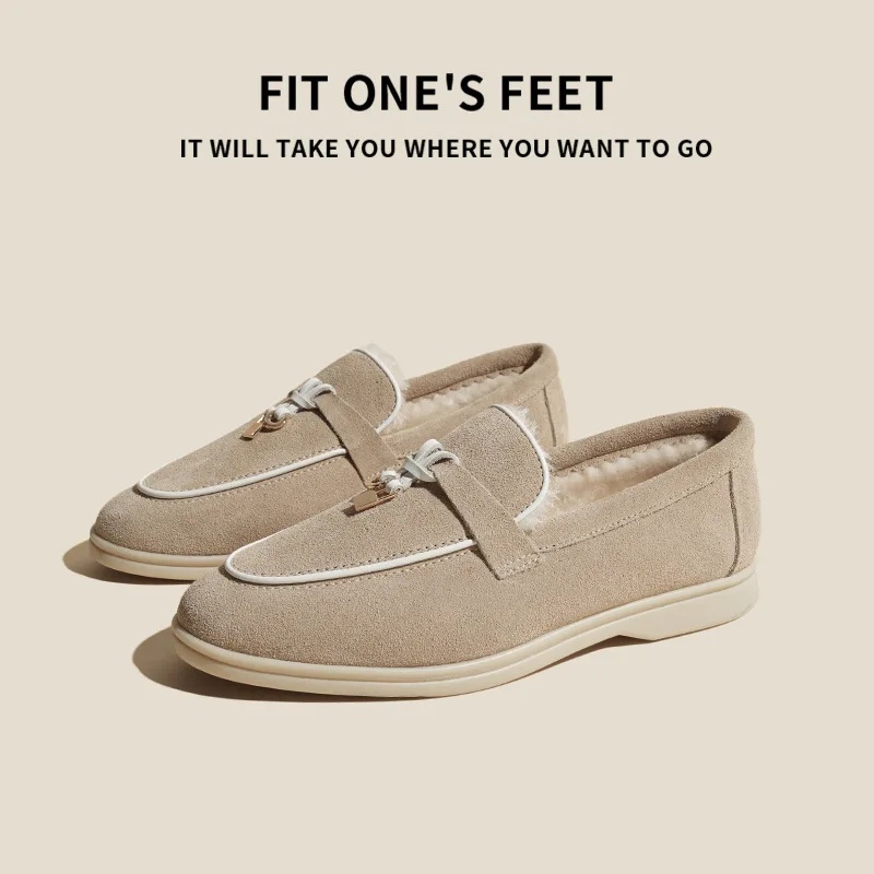 New Fleece Lined Genuine Leather Slip-On Loafers Flat Bottom Casual Shoes Men's Comfortable Soft Sole round Toe Flat Heel