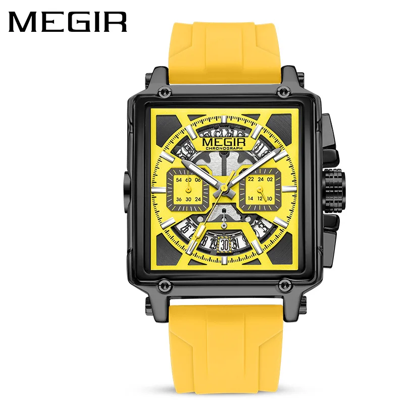 MEGIR 2233 Fashion Silicone Strap Luxury Square Watch Men's Watch Disc Quartz Chronograph Calendar Waterproof Watches for Men