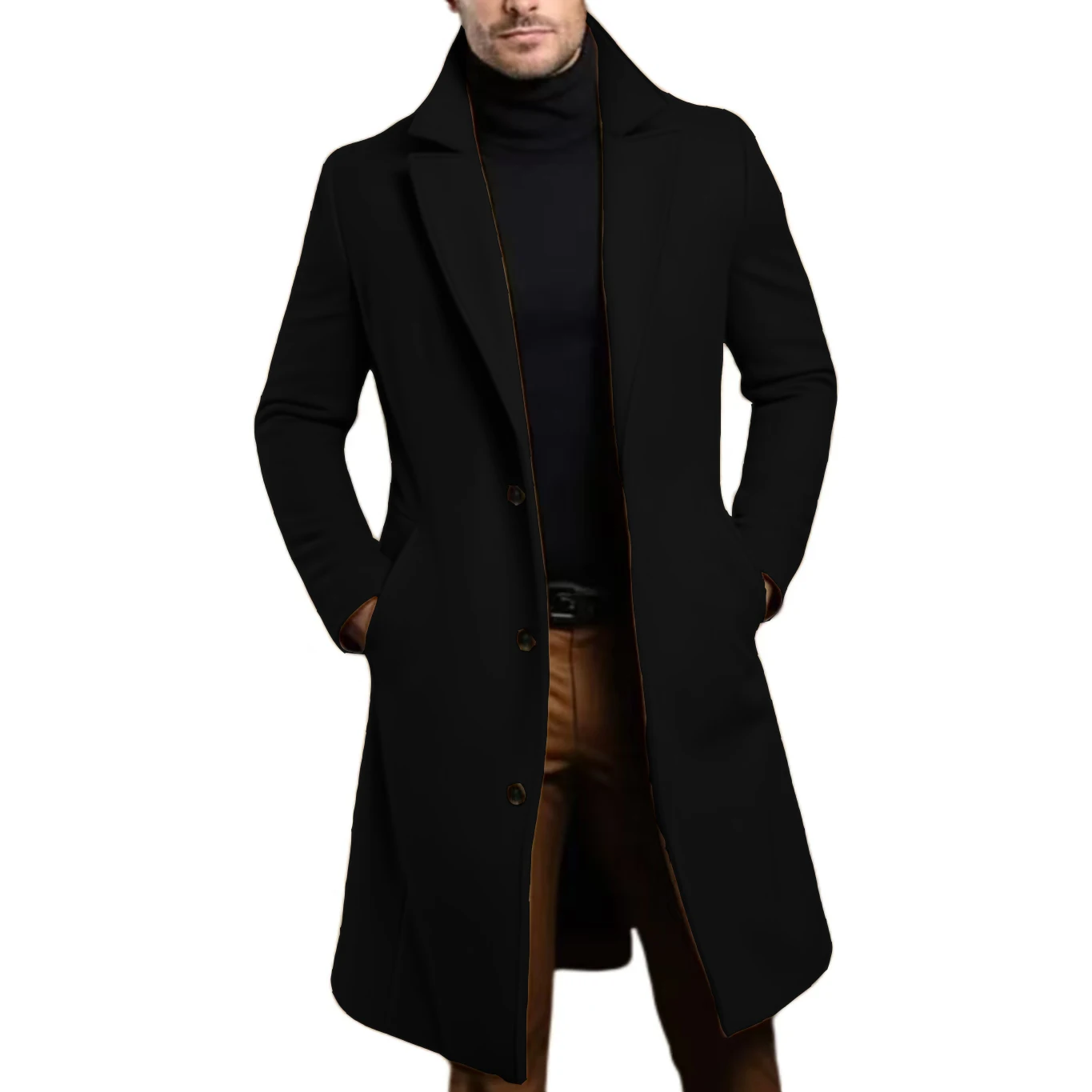 Warm and Comfortable B Trench Coat for Men，Stand Collar, Notch Lapels，Customize，Three Buckles，Double Placket，for Daily Life