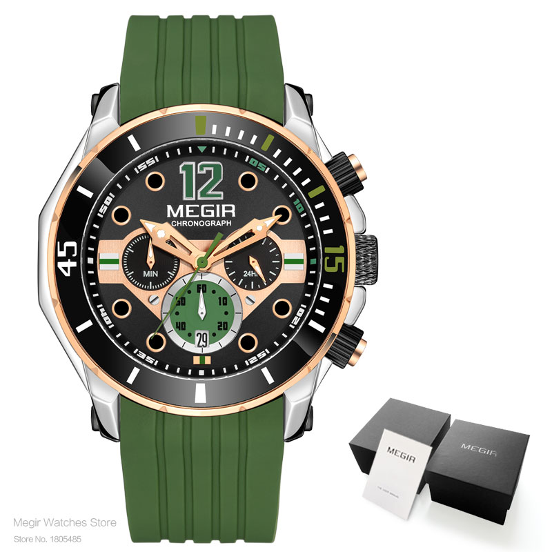 MEGIR Fashion Waterproof Quartz Watches for Men Luxury Military Sport Chronograph Wristwatch Silicone Strap часы мужские 2206