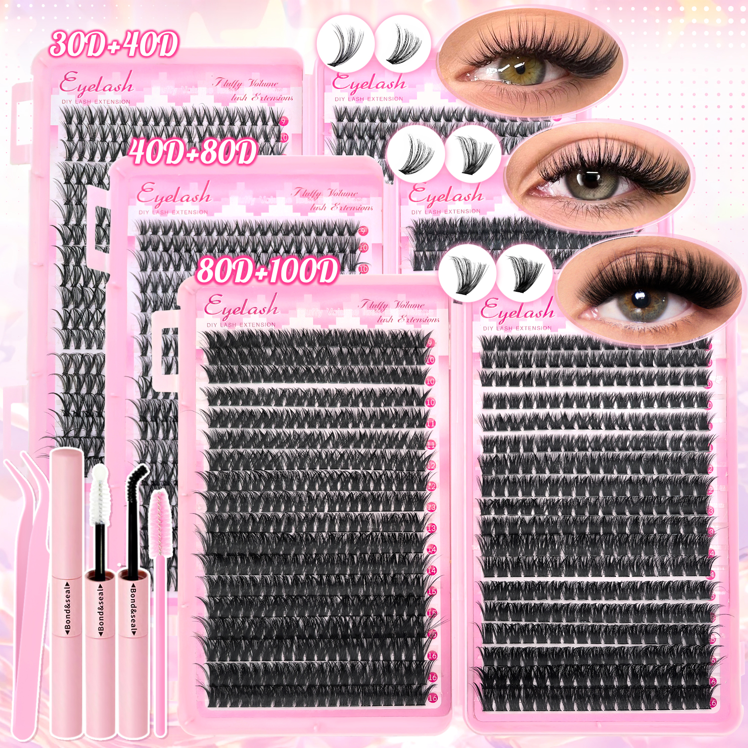 DIY Lash Extension Kit 720pcs Lash Clusters Individual Eyelashes Kit with Lash Bond and Seal Wispy Natural Mange Lashes