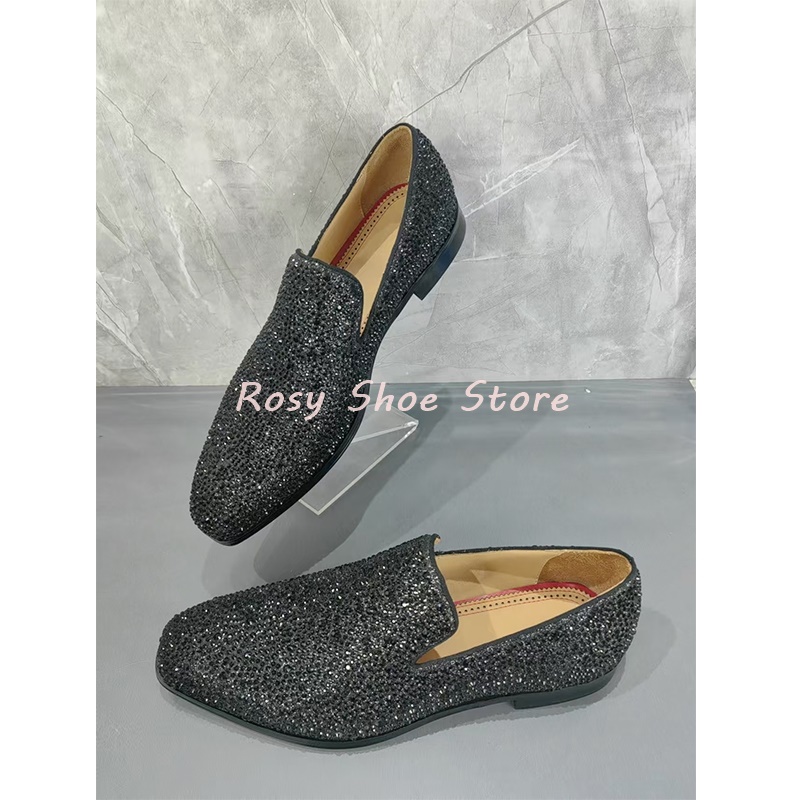 Men's Multicolor Luxury Handmade Diamond Loafers Pointed Toe Leather Rhinestones Slip On Fashion Flat Shoe Versatile Party Shoes