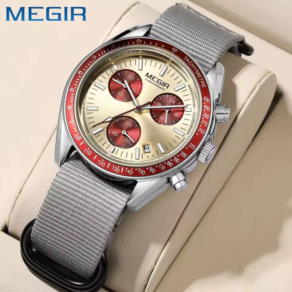MEGIR 2247 Men's Luxury Quartz Watch Canvas Weaving Strap Chronograph Calendar Life Waterproof Leisure Fashion Men's Watch Gift
