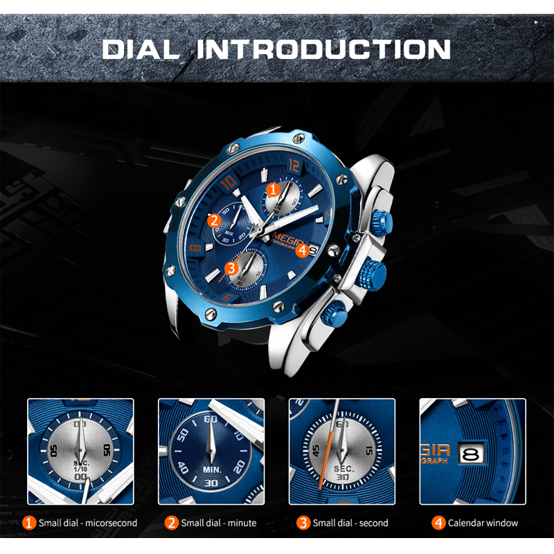 Men's Army Military Wrist Watch MEGIR Men Luxury Blue Watch Leather Sports Watches Mens Business Waterproof Quartz Clock Relogio