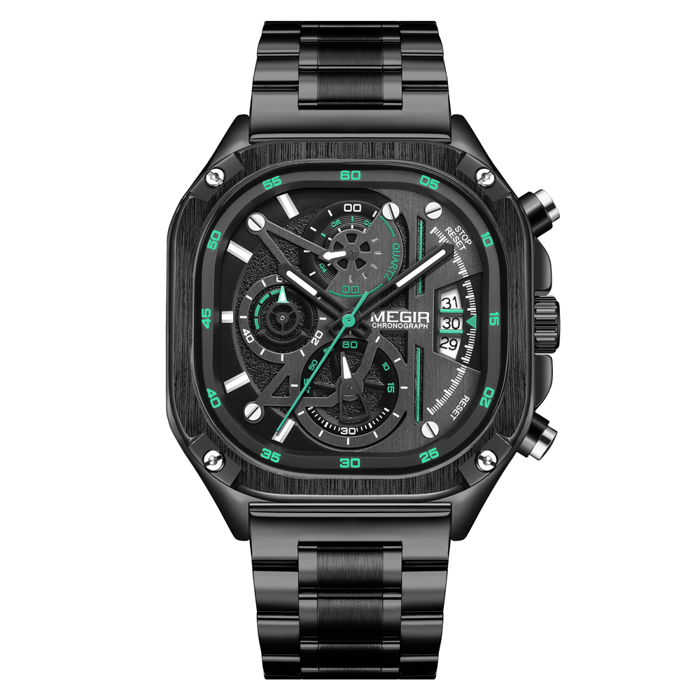 MEGIR Square Dial Chronograph Quartz Watches for Men Fashion Sports Male Wristwatch Stainless Steel Strap with Luminous Hands