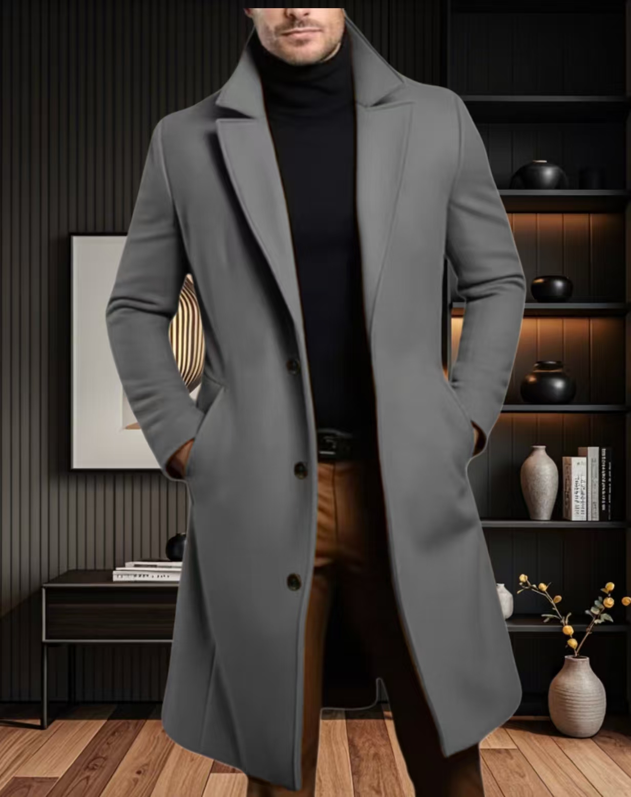 Men Lapel Coat Stylish Warm and Comfortable Black Trench Coat for Men Winter Autumn Overcoat Classic Lapel Daily Office