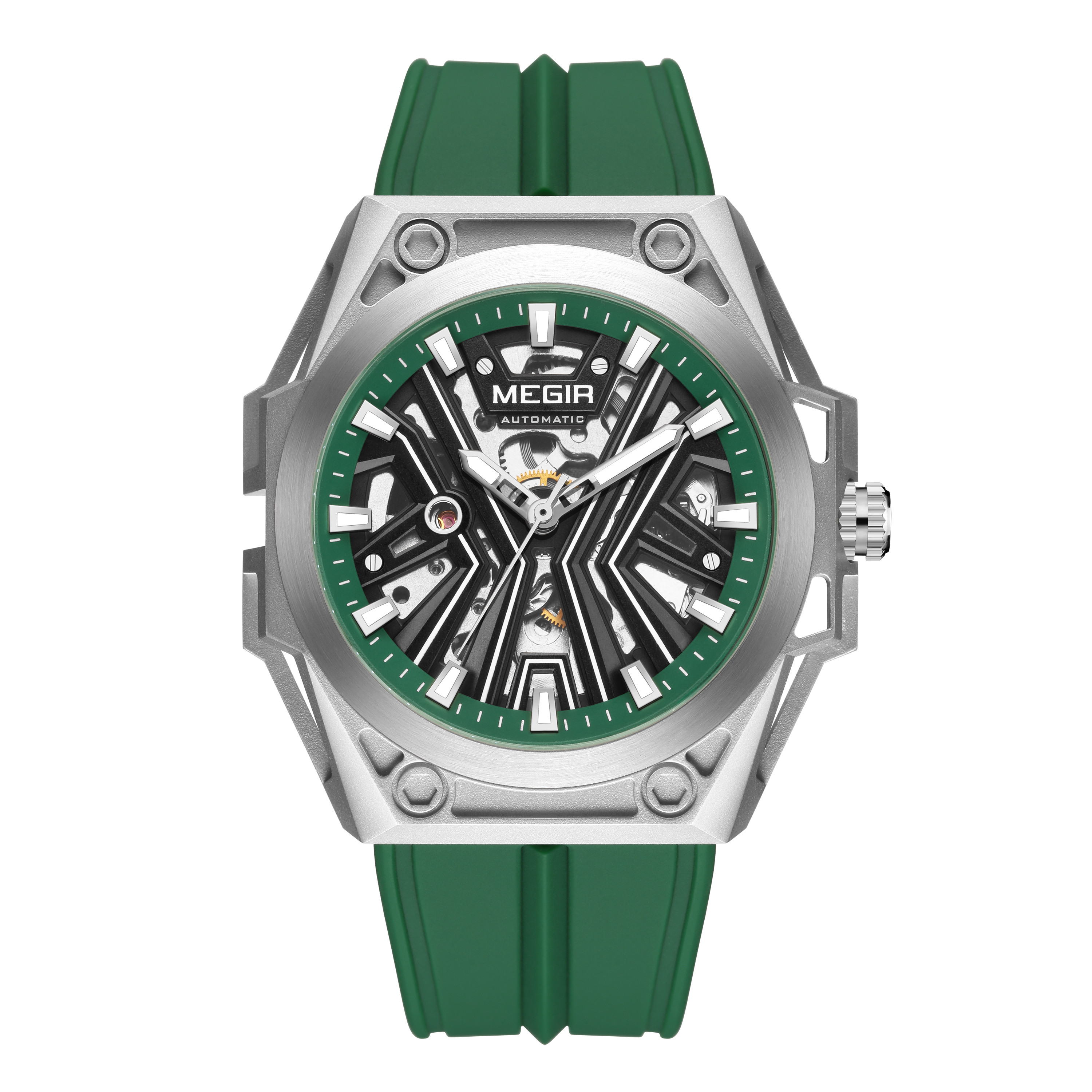 MEGIR New Stainless Steel Case Skeleton Mechanical Watch Waterproof Luminous Men Fully Automatic Wristwatch Silicone Strap Watch