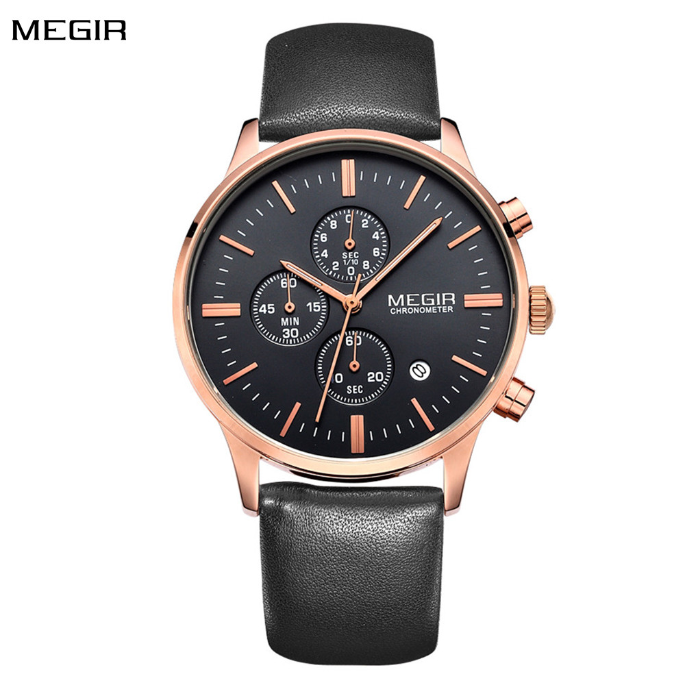 MEGIR 2011 Classic Men Quartz Watch Leather Strap Calendar Chronograph Luminous Waterproof Business Luxury Watches