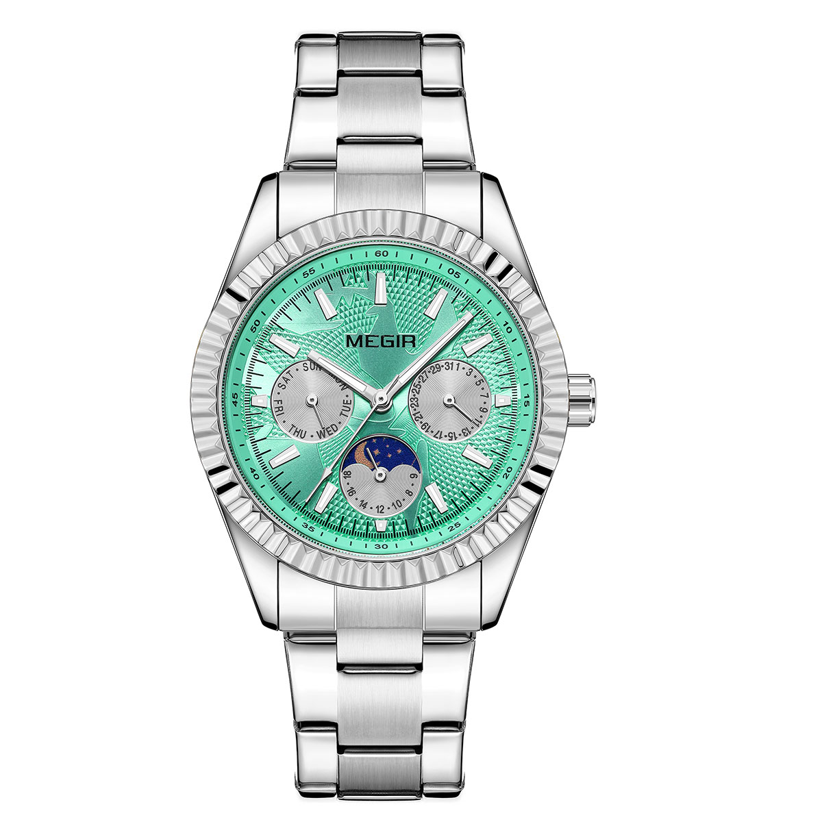 MEGIR Men's Quartz Watch with Stainless Steel Strap Fashion Business Style Wristwatch with Day Date 24-Hour Moon Phase Function