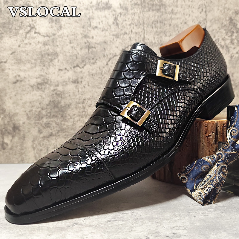 Luxury Men's Loafers Shoes Snake Prints Formal Dress Mens Casual Shoes Black Brown Genuine Leather Double Monk Shoes Men