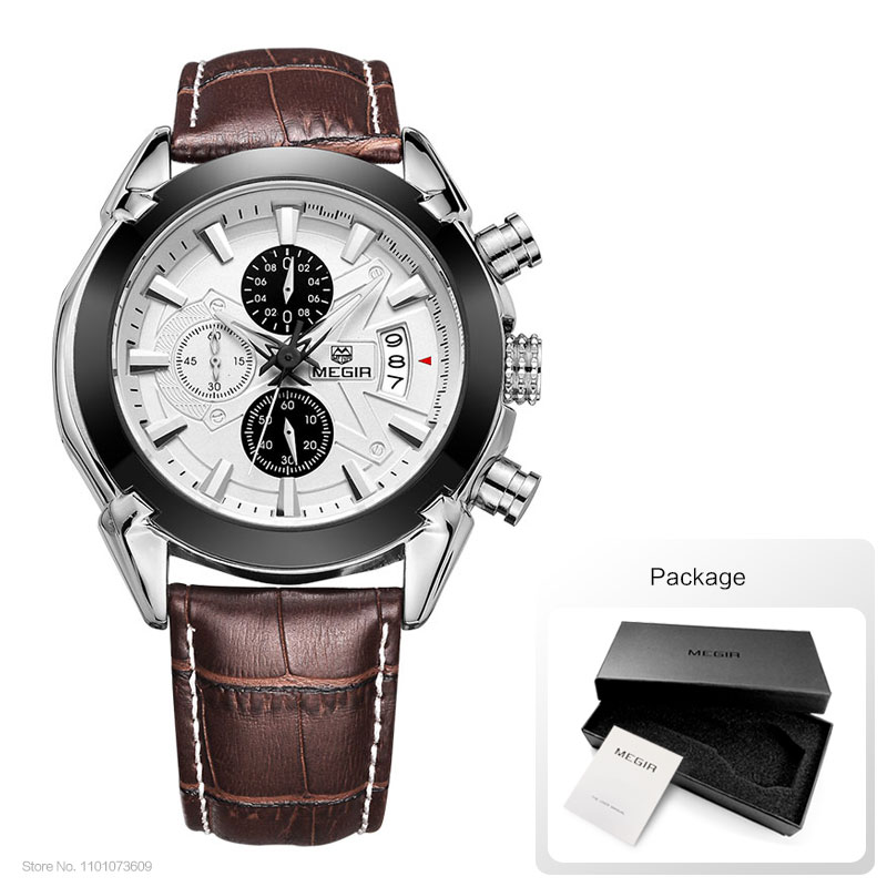 Megir Leather Watch Men 2019 Top Brand Luxury Quartz Watch Military Chronograph Waterproof Watches reloj relogio masculino 2020