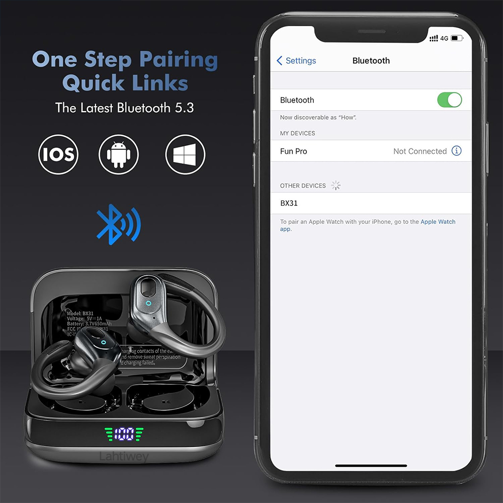 Wireless Headphones Bluetooth Earphonses with Microphones,75Hrs Playtime,IP7 Waterproof,LED Power Display Earbuds for Sports Gym