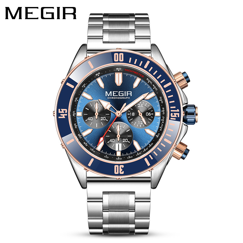 MEGIR 2226 Men Quartz Watch Silver Blue Black Business Chronograph Luminous Wristwatch with Stainless Steel Silicone Strap