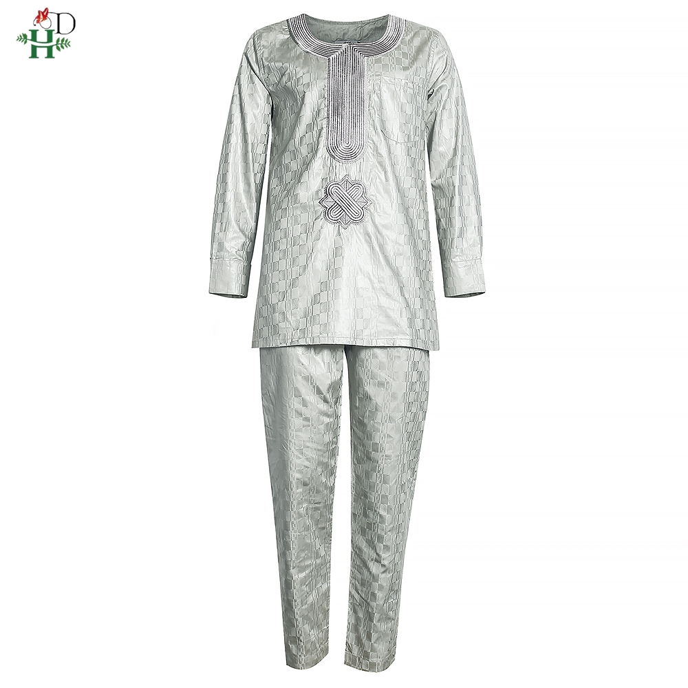 H&D African Clothes For Men Dashiki Top Pant 2 Pieces Outfit Set Riche Grey Embroidery Shirt Trouser Rich Bazin Original Muslim