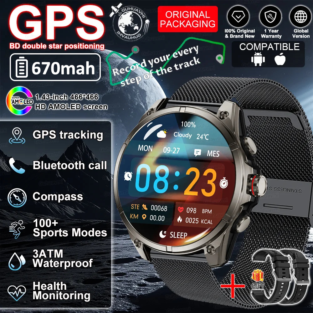 2026 GPS Smartwatch Outdoor Sports Waterproof Flashlight 1.43inch AMOLED Custom dial Call Compass Smart Watches For Android IOS