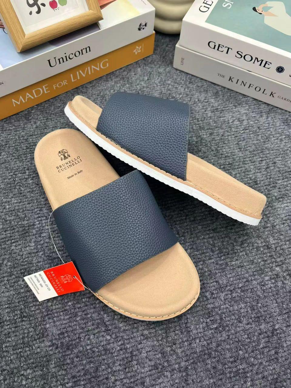 Brunello Cucinelli Olive Green Leather Slide Sandals