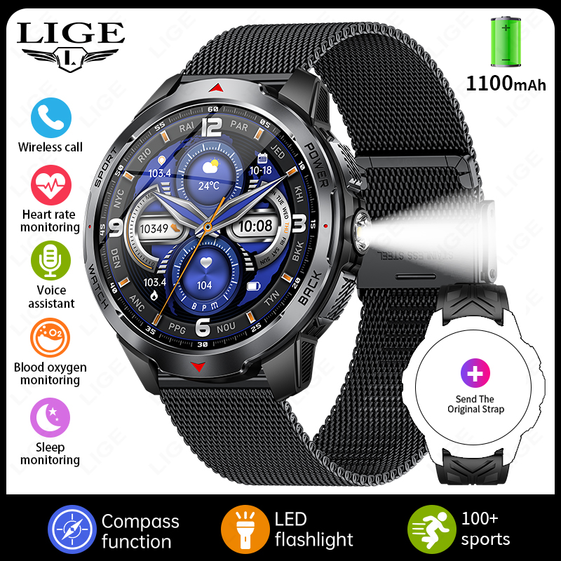 LIGE New 1100mAh Battery Smart Watches For Man Outdoor Sport LED Flashlight Compass Men’s Smartwatch Bluetooth Call Men Watches