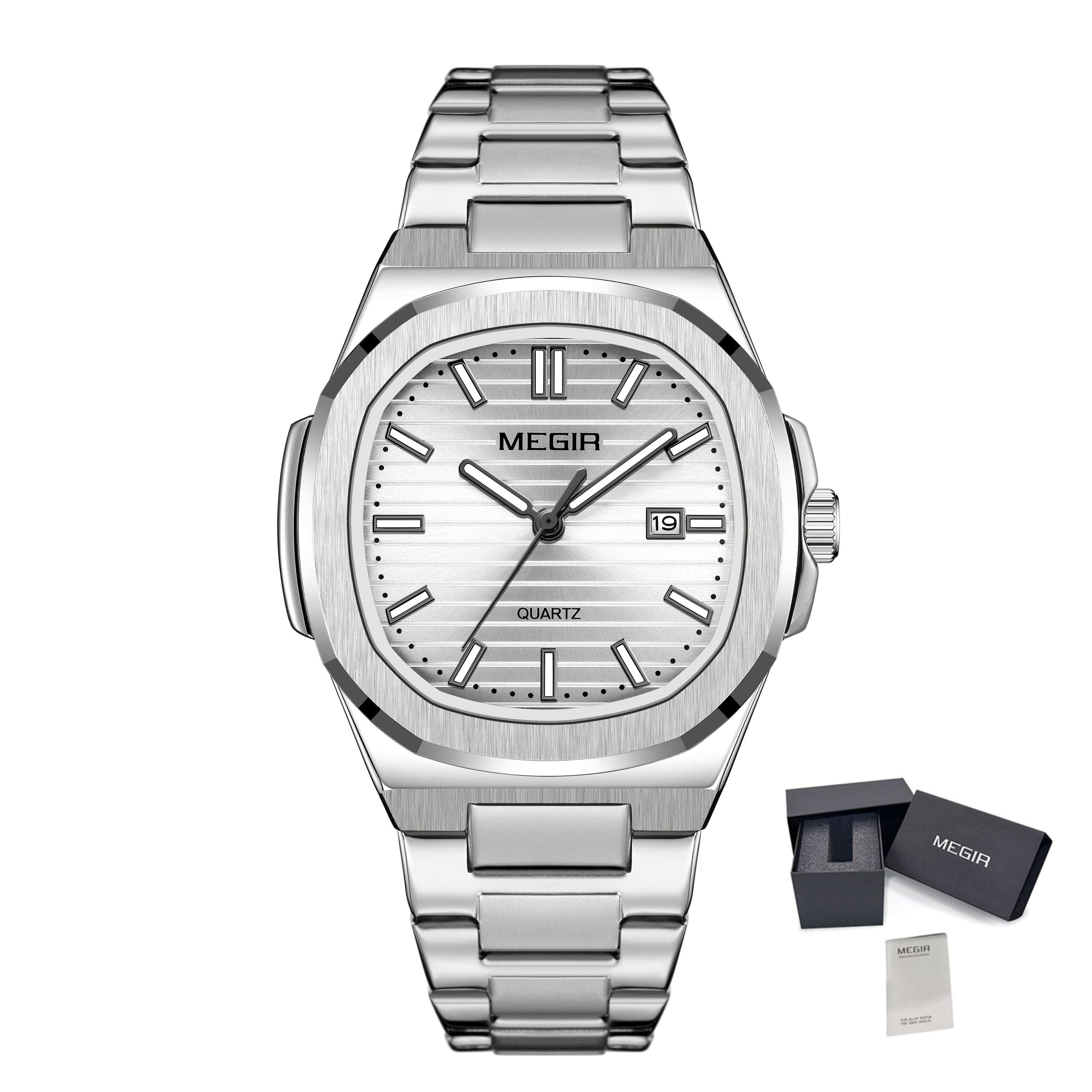 MEGIR Classic Stainless Steel Bracelet Quartz Watch for Men Waterproof Calendar Business Leisure Wristwatch Big Dial Clock 1084