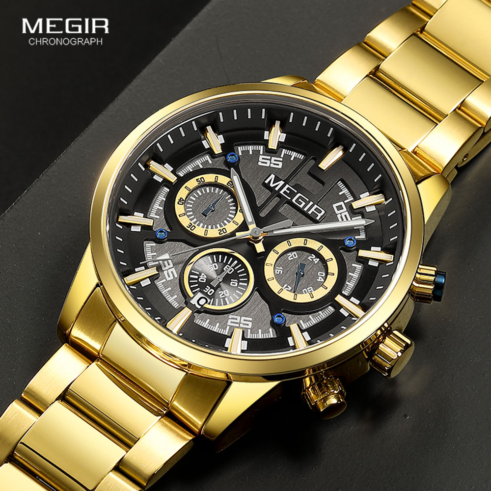 MEGIR Formal Dress Watch Men Luminous Chronograph Quartz Wristwatch with Stainless Steel Strap Auto Date 24-hour Black Rose Gold