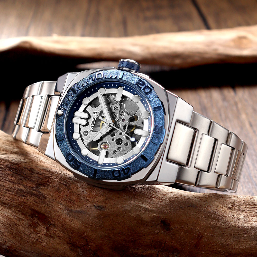 MEGIR Business Style Watch for Men Fashion Automatic Mechanical Wristwatch with Transparent Skeleton Dial & Stainless Steel Band