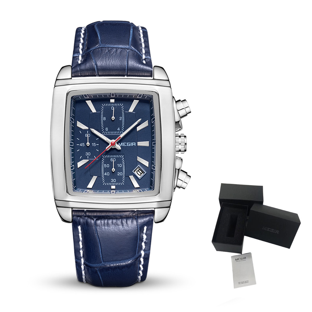 MEGIR Watch Men Business Wristwatch Rectangle Quartz Military Watches Waterproof Luminous Leather Casual Clock Reloj Hombre 2028