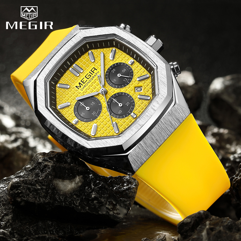 MEGIR Octagon Dial Silicone Strap Watch for Men Casual Yellow Chronograph Quartz Male Student Wristwatch with Date 24-hour 2215
