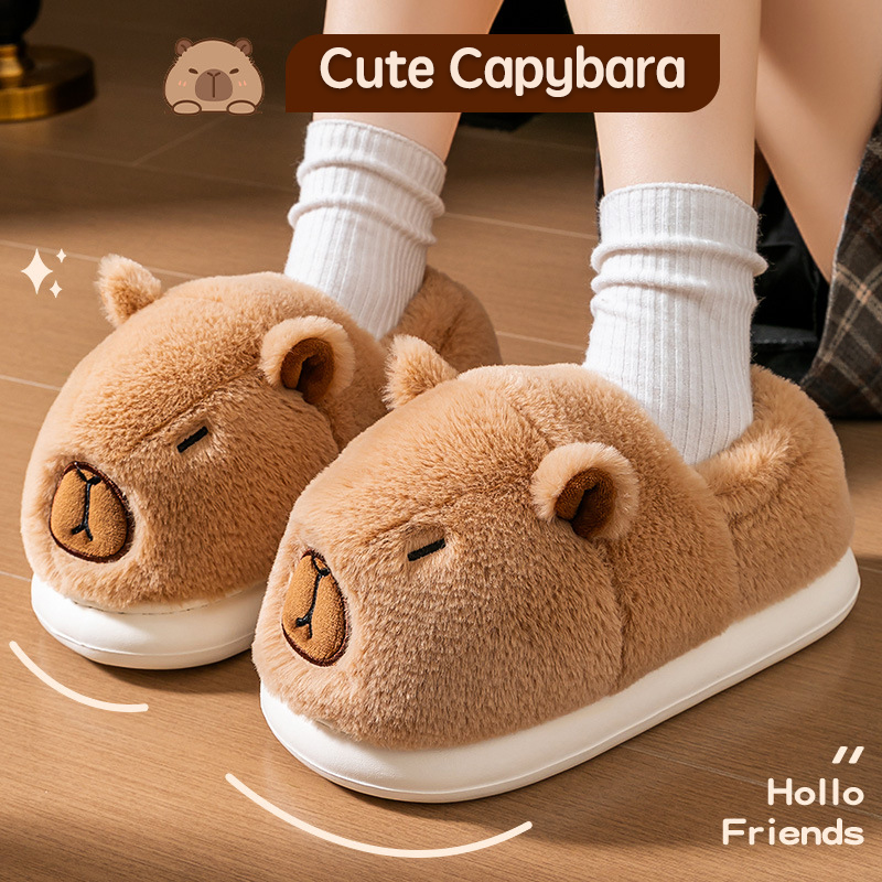 Plush Capybara Slippers Closed Toe Slippers Cute Thermal Home Slippers Comfortable Fluffy Couple Slippers Non-Slip for Men Women