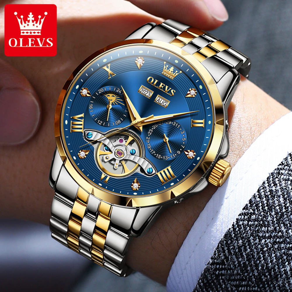 OLEVS Skeleton Multifunctional Men's Watch Automatic Mechanical Luxury Wrist Watch For Men Waterproof Stainless Steel Strap 6691