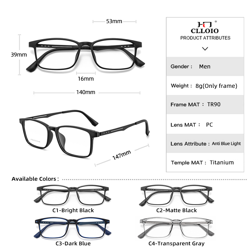 CLLOIO High Quality UltraLight Flexible TR90 Frame Anti Blue Ray Reading Glasses Myopia Hyperopia Glasses Prescription Eyewear