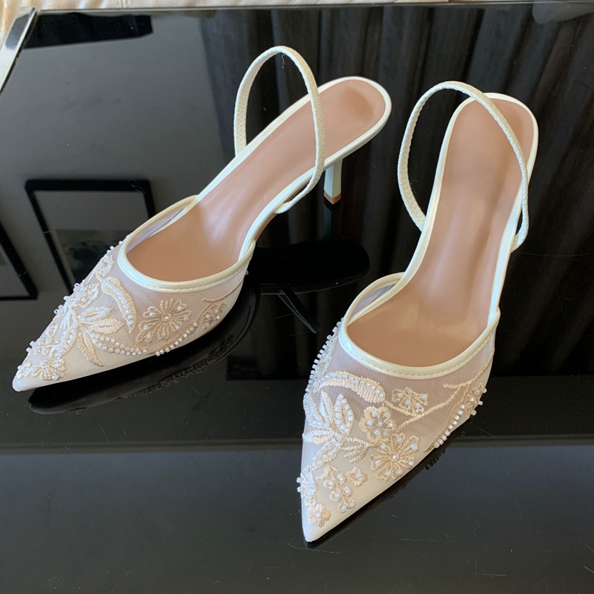 Brand Designer White Women Pumps Mesh Embroidered Flowers Back Strap Sexy Slingback High Heels Dress Wedding Shoes for Ladies