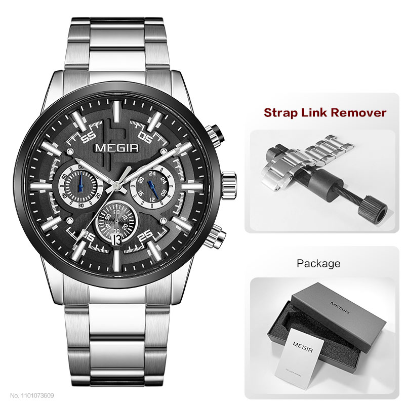 MEGIR Formal Dress Watch Men Luminous Chronograph Quartz Wristwatch with Stainless Steel Strap Auto Date 24-hour Black Rose Gold