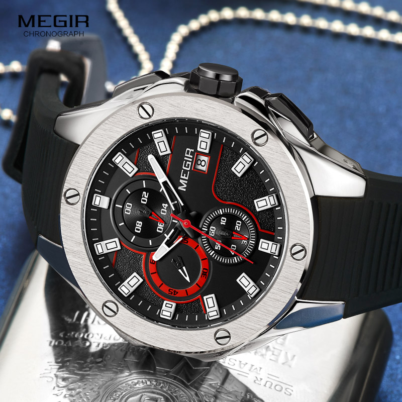 MEGIR Men's Sports Quartz Watches Fashion Silicone Strap Chronograph Wristwatch for Man Luminous Hands Waterproof 2053GBK