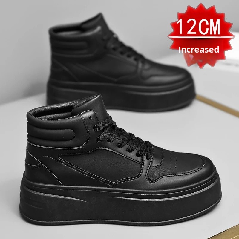 New Autumn/Winter Men's Casual Sneakers 12cm Increased Height 10cm Thick Sole White Shoes High Top Rubber Base Male Footwear