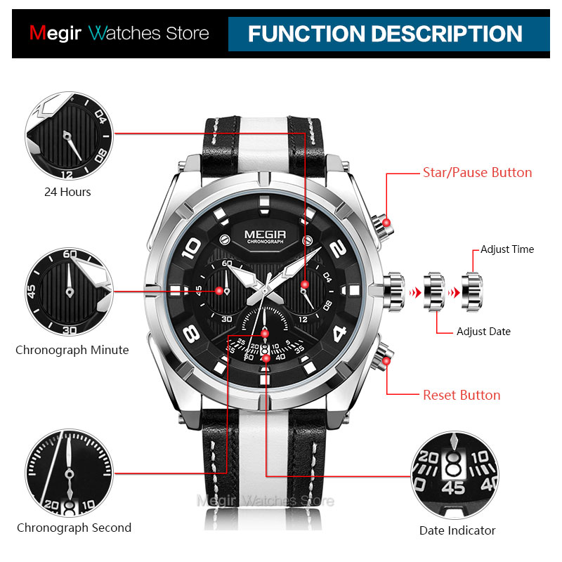 MEGIR Fashion Men's Chronograph Quartz Watches Leather Strap Luminous Hands 24-hour Sports Analogue Wristwatch for Man 2076White
