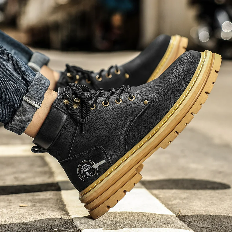 Men Ankle Boots Platform Leather Boots 2025 Fashion Brown Lace-up Boot High Top Comfortable Casual Shoes Non-slip Work Men Boots