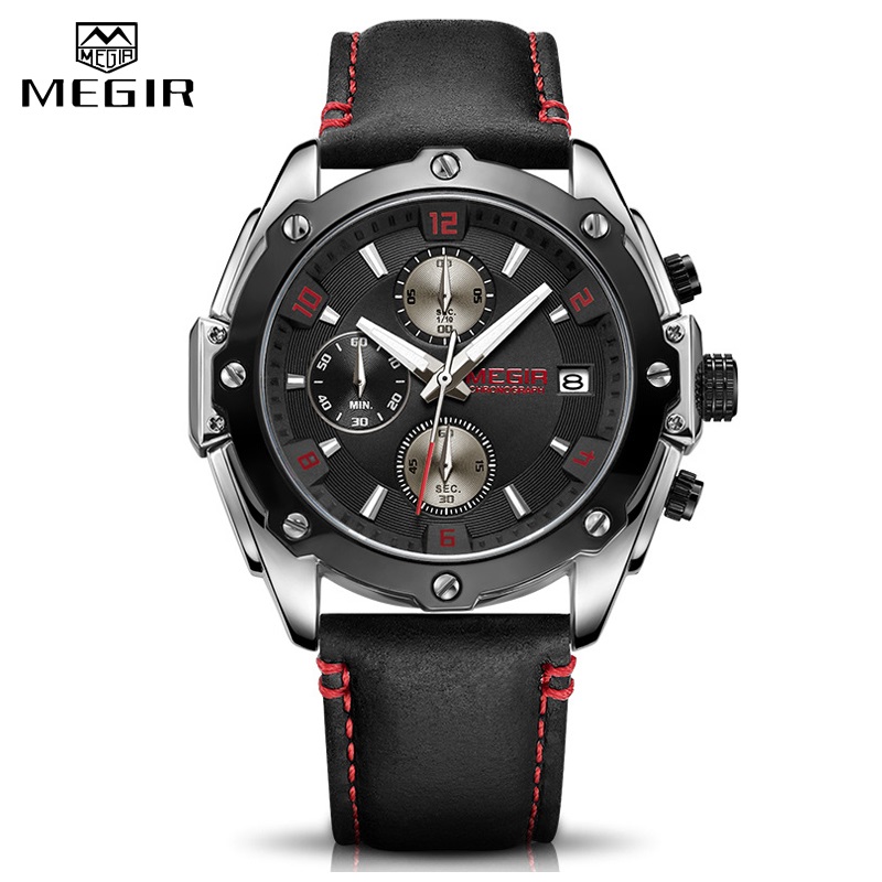 Men's Army Military Wrist Watch MEGIR Men Luxury Blue Watch Leather Sports Watches Mens Business Waterproof Quartz Clock Relogio