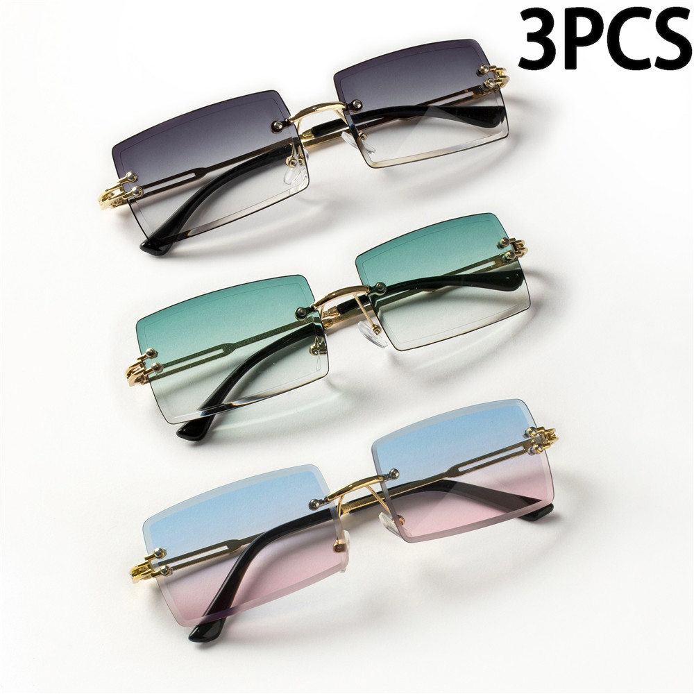 3PCS Fashion Rimless Sunglasses Women Trendy Small Rectangle Sun Glasses  Summer Traveling Style Brown Shades for men