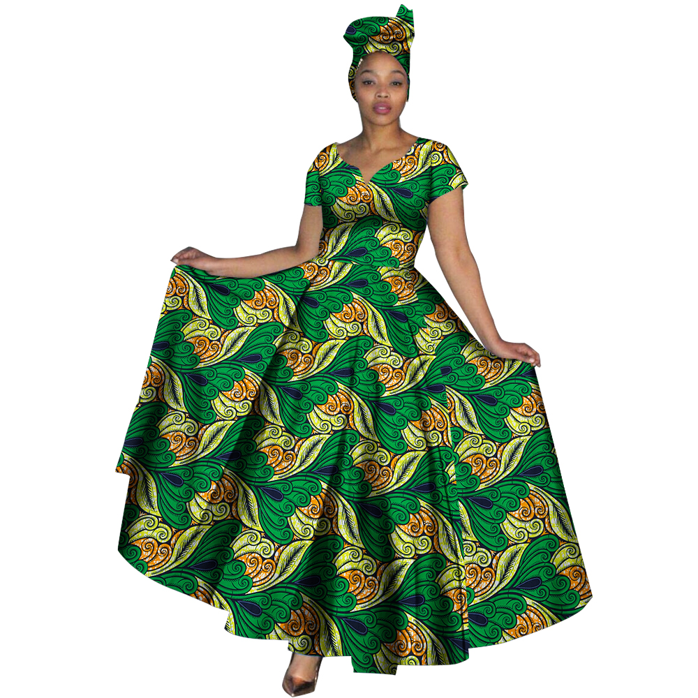 Fashion Women Clothes African Dresses Ankara Print V-neck Maix Long Dresses with Head Scarf Dashiki Women Outfit WY749
