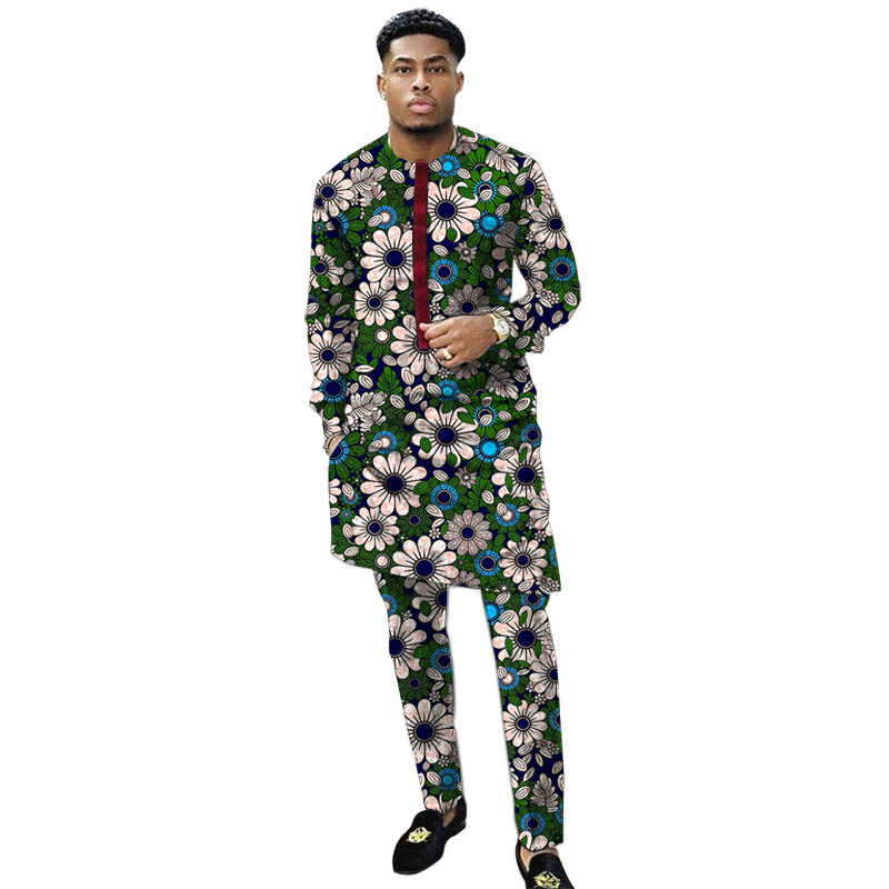 Nigerian Print Men Clothes Set Dashiki Shirts With Trousers Male Pant Suits Traditional Style African Pattern Wedding Wear
