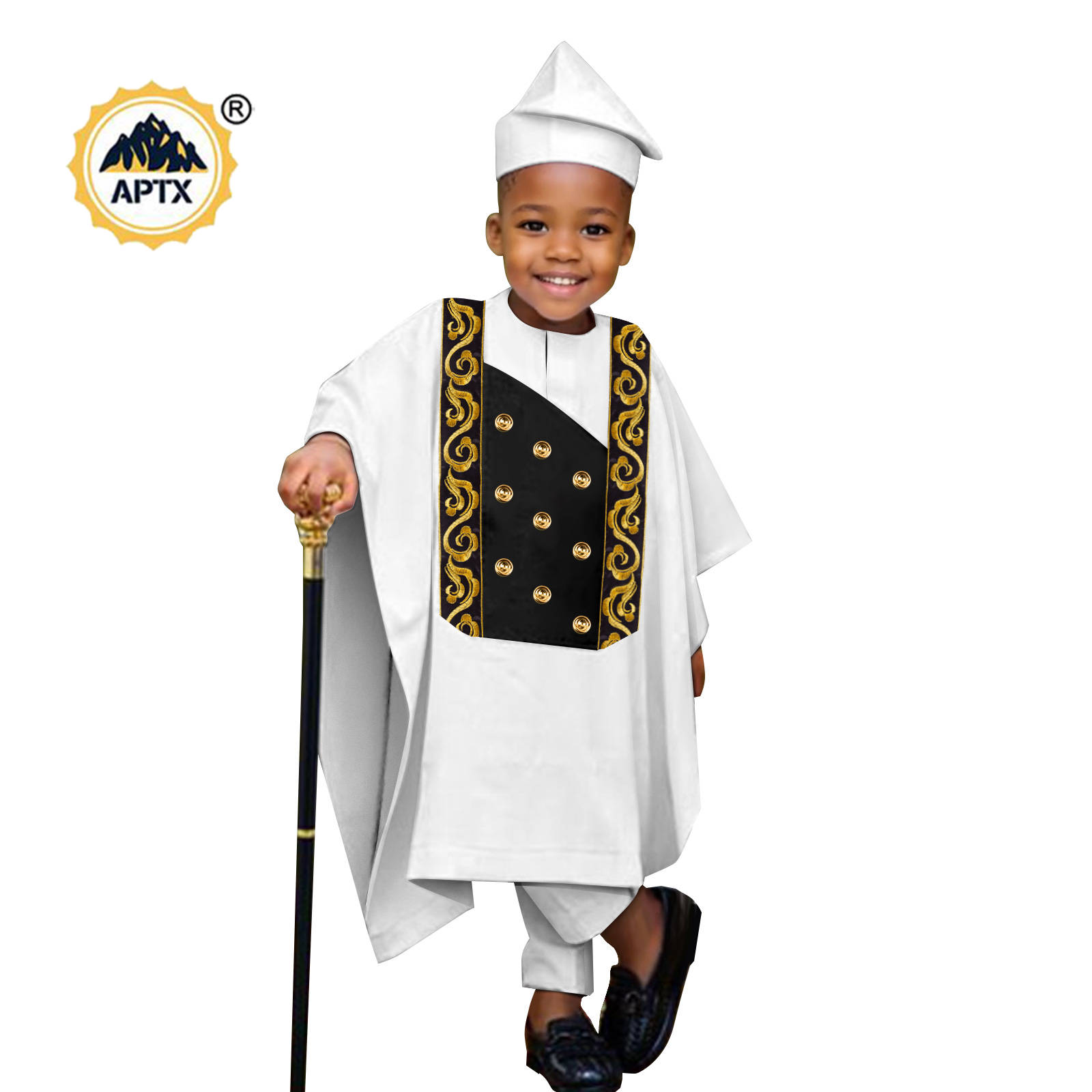 Africa Clothes for Boy Outfits Embroidery Button Robe Top and Pants Matching Hat Bazin Riche Children Kid Muslim Sets 2446044