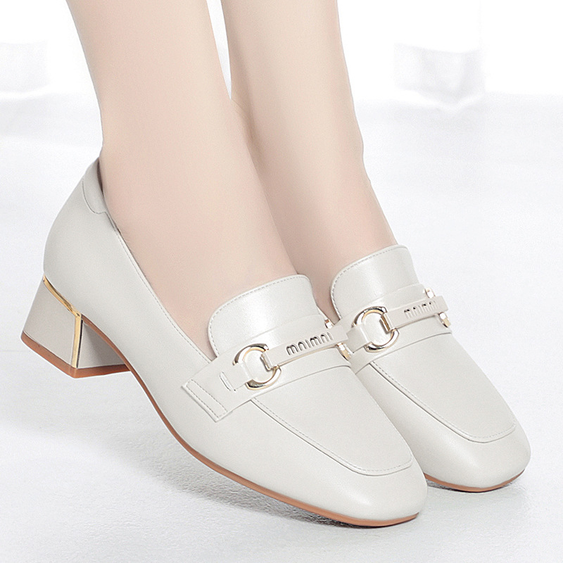 Women Pumps Fashion Classic Soft Leather Thick High Heels Shoes Square Toe White Black Wedding Dress Shoes Elegant Comfortable