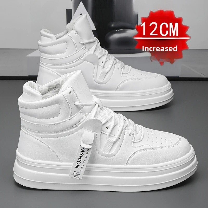 New Autumn/Winter Men's Casual Sneakers 12cm Increased Height 10cm Thick Sole White Shoes High Top Rubber Base Male Footwear