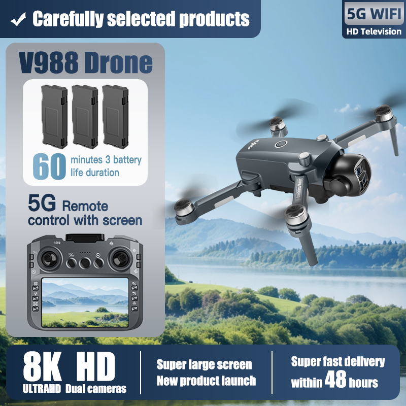 For Xiaomi New V988 Drone Professional 8K HD Camera Large screen 5G WIFI FPV Brushless Obstacle Avoidance GPS Quadcopter RC Dron