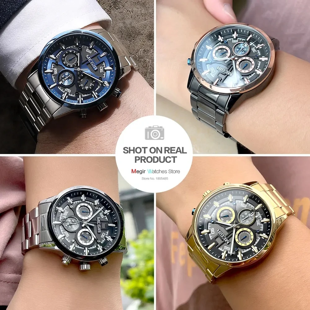 MEGIR 2220 Men's Quartz Watch Fashion and Elegant Business Chronograph Calendar Waterproof Stainless Steel Strap Watches for Man