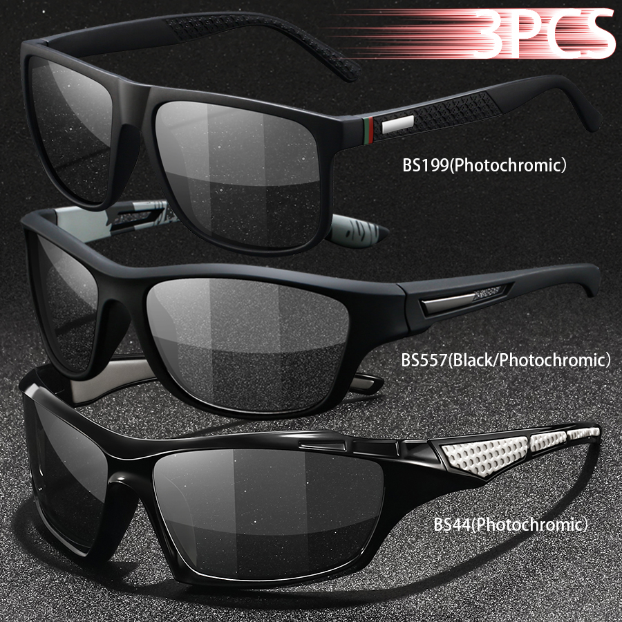 3PCS Photochromic Polarized Sports Vintage Sunglasses Men Women Cycling Driving Mountaineering Chameleon Sun Glasses UV400Eyewer
